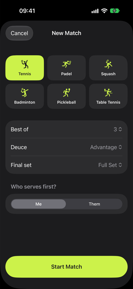 The New Match screen: a grid of six sports, Best of 3, Advantage deuce, Full Set final set, and who serves first.