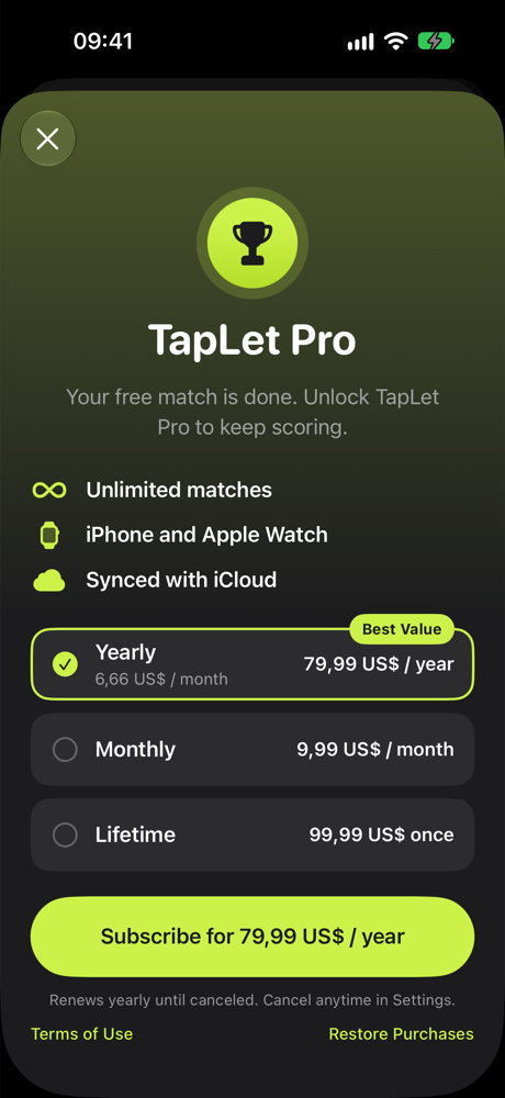 The TapLet Pro screen with yearly, monthly and lifetime plans.