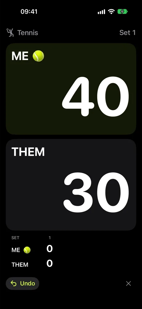 TapLet on iPhone: a tennis scoreboard showing Me 40, Them 30 in set 1, with Me serving.
