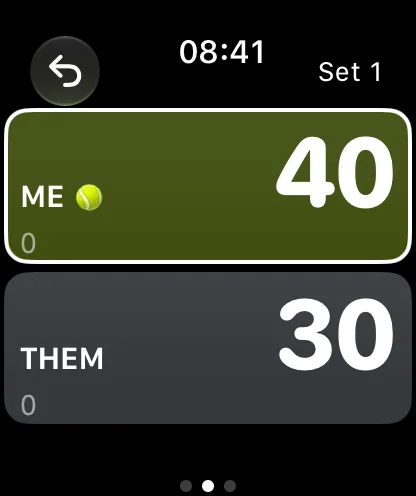 TapLet on Apple Watch: two big tap areas, Me 40 and Them 30 in set 1, with Me serving.